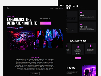 Landing Page UI Design: Neon Nightclub Starlight black clubbing dark design disc jockey dj landing page neon nightclub nightlife party purple template ui user interface webdesign website