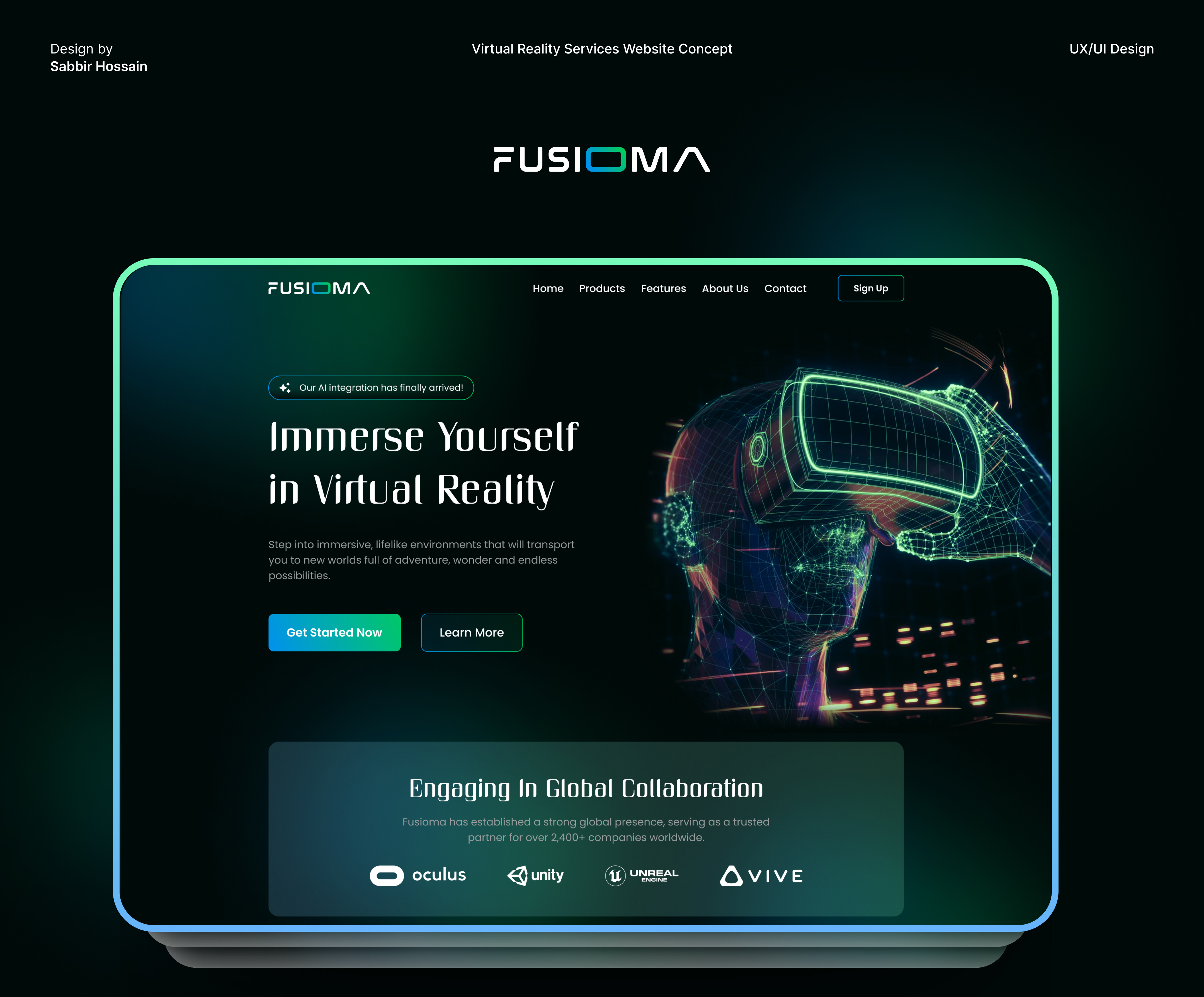 Virtual Reality Services Website Concept artificial intelligence augmented reality blockchain dark mode dark theme futuristic glow in the dark headset landing page metaverse oculus technology ui design ui ux ux design virtual reality virtual world vr design web design website design