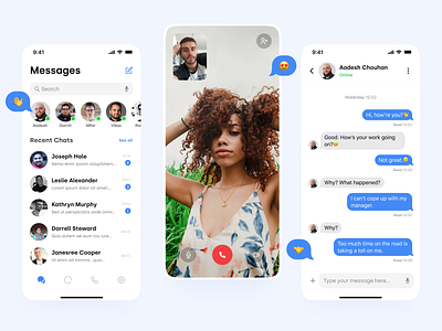 Messenger App UI 999watt add app design blue bottom bar call chat chatting design emojis graphic design icons message messaging search ui ux video voice white theme