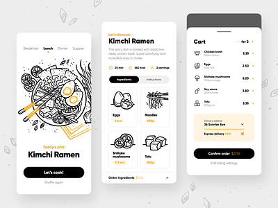 Recipe app for foodies app application cart concept delivery design drawing food foodie iconography icons illustration ink mobile modal ramen recipe ui ui design ux