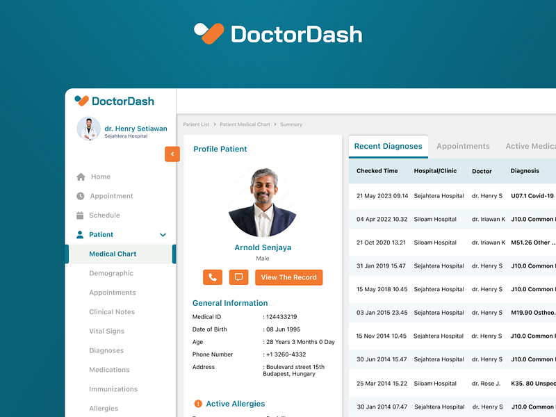 DoctorDash - Electronic Health Record Dashboard app backend card chart dashboard design doctors medical motion graphics ui web website