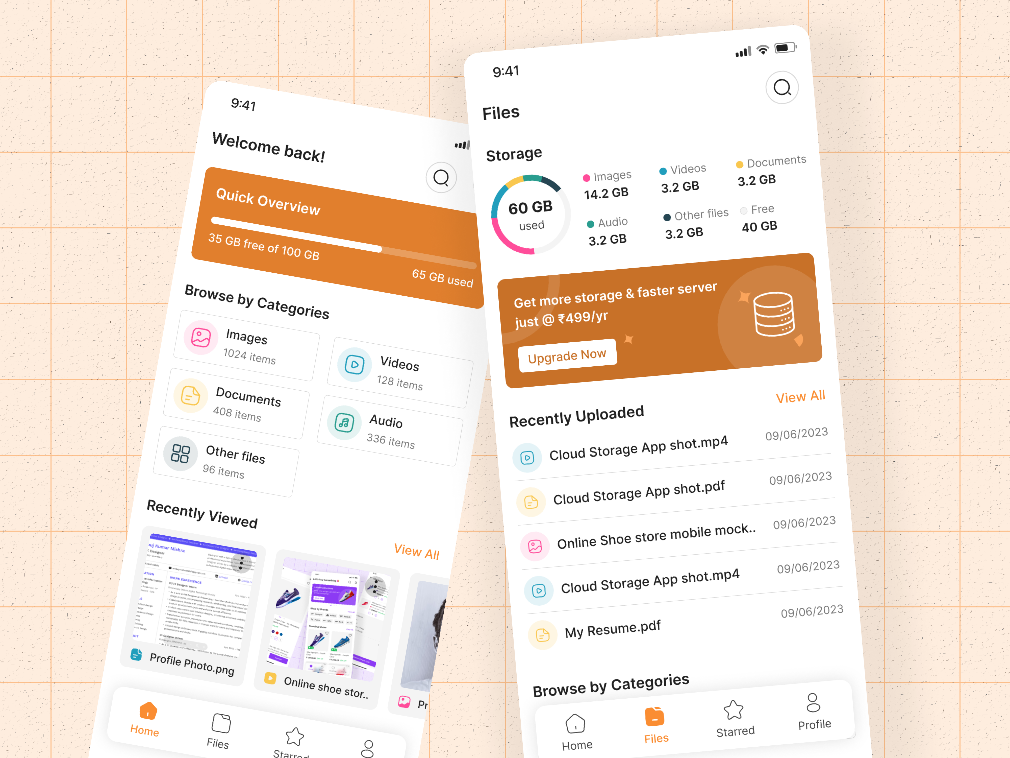 Cloud Storage Mobile App UI/UX Design adobe xd cloud storage app figma mobile mobile app design mobile ui mobile ux orange color ui design ui ux ui ux design ux design