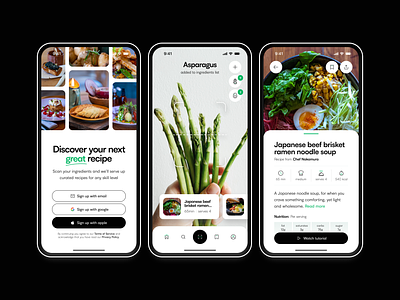 AI guided recipe discovery app ai app clean cook cooking design figma food foodies icons illustration ingredients ios minimal mobile recipe scan tutorial ui ux