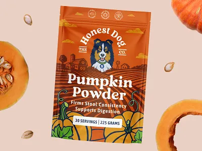 New packaging design for pet care company branding dog drawing field graphic design illustration landscape organic pet pumpkin village vintage