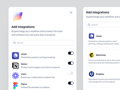 Integrations modal — Untitled UI integrations modal pop over pop up popover popup product design search ui ui design user interface