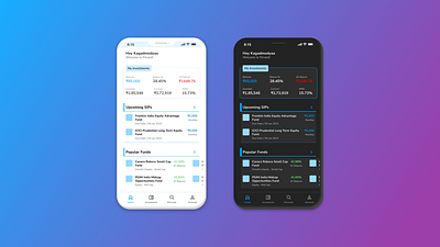 Dark Mode and Light Mode for an Mutual Funds Investment App app app design dark mode design finance fintech freelancing homepage investment app landing page light mode mobile app mutual funds ui ui design user experience user interface ux