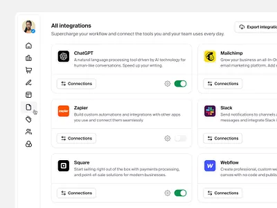 Integrations settings page — Untitled UI cards integrations minimal navigation preferences product design saas settings sidenav ui ui design user interface