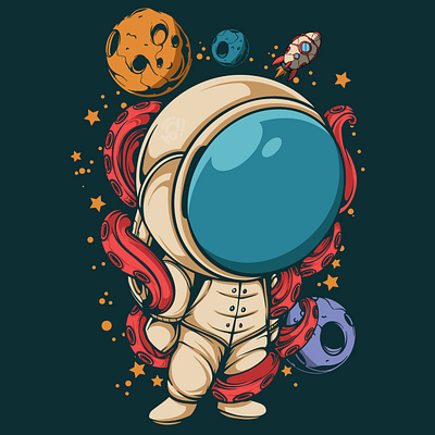 CUTE ASTRONAUT AND OCTOPUS TENTACLE IN SPACE art artwork astronaut character design doodle icon illustration mascot octopus planet space symbol vector