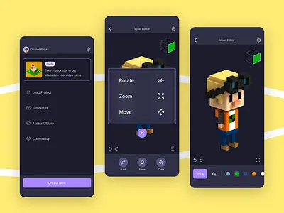 Voxel Editor 3d app application b2c create dark easy editor friendly game gaming home mobile model pixel software swipe ui ux voxel