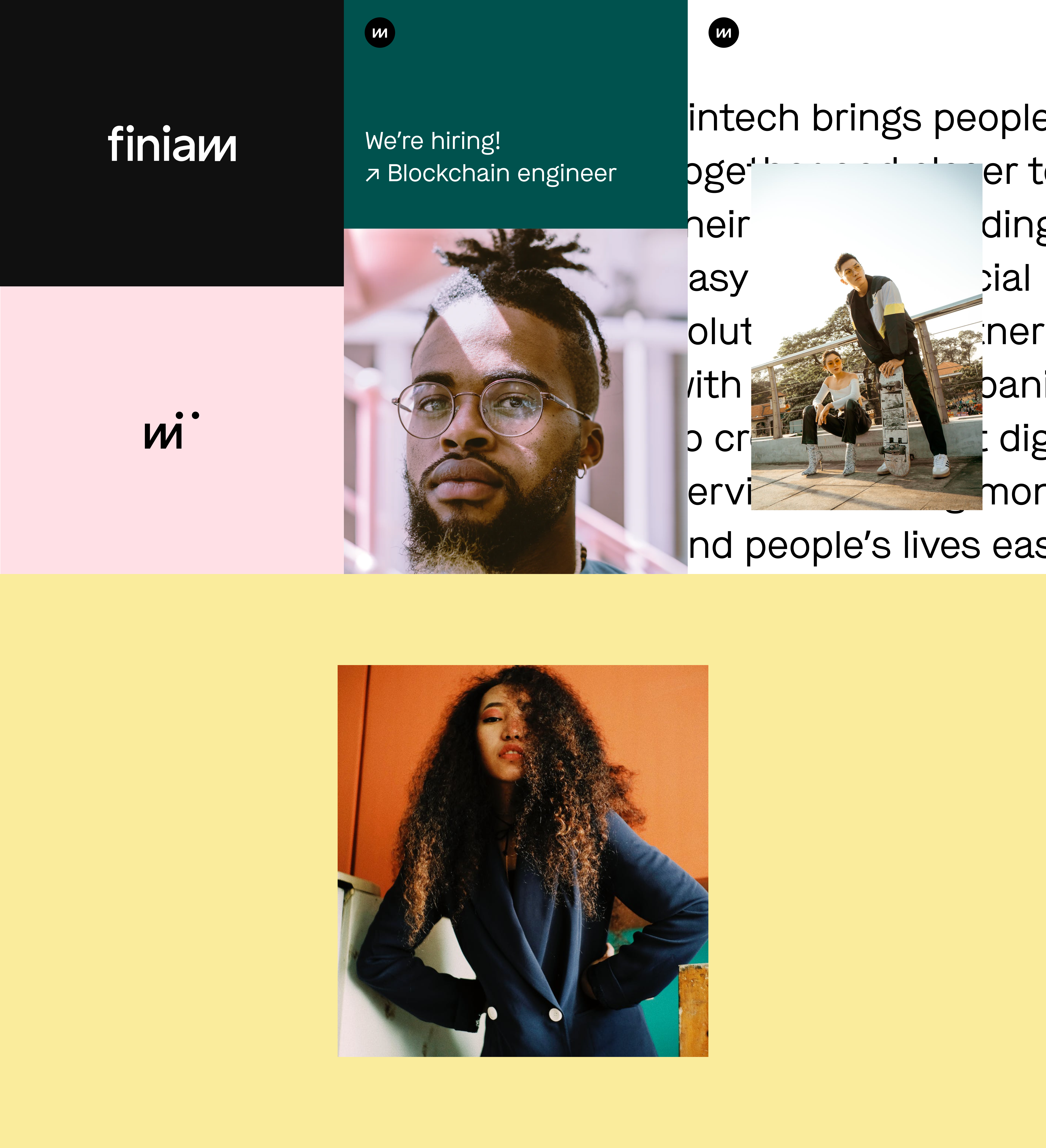 Early explorations of the brand ✷ Finiam branding colours design finance finiam fintech graphic graphic design grid logo m people typography