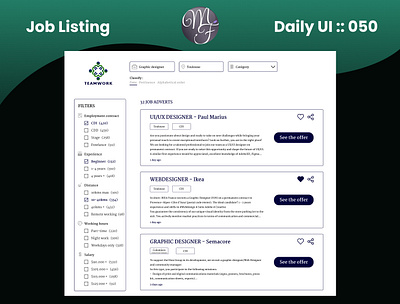 Job Listing Daily UI 050 announcement branding business call to action category company cta daily ui design filter graphic design illustration job listing logo menu news offer search ux website