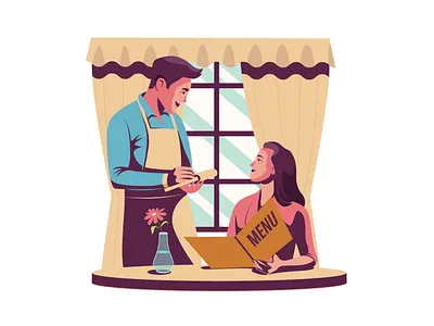 The waiter in the restaurant adobe illustrator character illustration menu people restaurant vector vector illustration vectorart waiter
