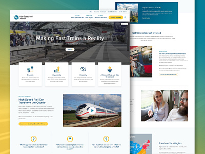 High Speed Rail Alliance - Website Redesign, Homepage blue cards clean fast high speed homepage icons overlap people rail railroad simple trains video web design website yellow