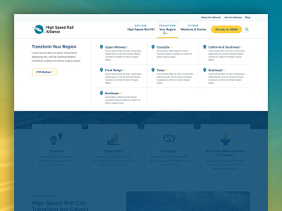 High Speed Rail Alliance - Website Redesign, Mega Menu blue button call to action clean columns cta header high speed icons mega menu nav navigation overlay rail railroad simple train ui ux yellow