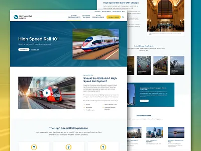 High Speed Rail Alliance - High Speed Rail 101 page blue clean columns hero high high speed icons overlay photography rail railroad simple sophisticated texture trains video yellow