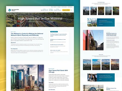 High Speed Rail Alliance - Midwest page blue call to action cards chicago clean columns cta hero high speed midwest overlay people post type railroad simple sophisticated stories texture train yellow