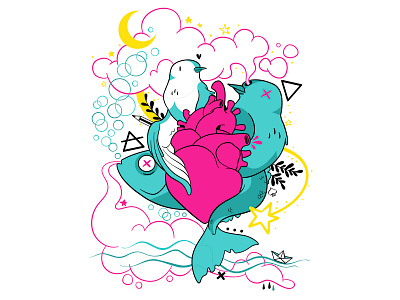 pájaro pez bird characterdesign design digitalart digitalillustration digitalwork fish heart illustration love pajaropez