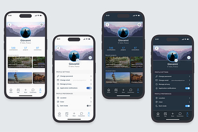 UI Mobile Design - User Profile + Settings (light & dark mode) 006 007 2023 daily dailyui dark dark mode design figma light mobile mobile design mockup network social social network ui ui design user profile user settings