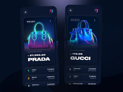 Prada and Gucci Fashion Brand New Creative Design Neon Concept blockchain branding brands creative crypto cryptocurrency dark fashion interface material mobile neon nft ui wallet