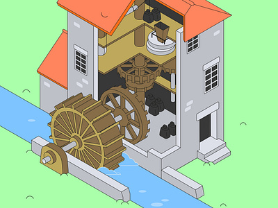 Illustrations for history lessons 3d branding build character design design flat graphic design house illustration isometric printing press sea ship table uchidoma uchiru vector water wheel