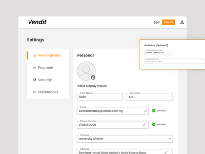 Vendit- Personal Info Settings Page design e commerce website personal info settings ui uiux