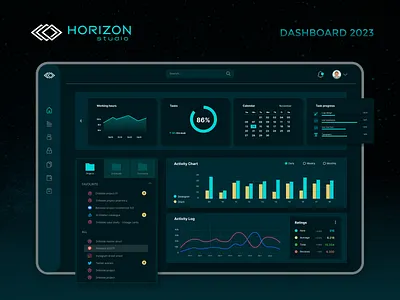 Dashboard UI HorizonStudio calendar dashboard dashboard design figma graph graphic design logo progress bar side menu studio dashboard ui uiux user interface ux vector graphic