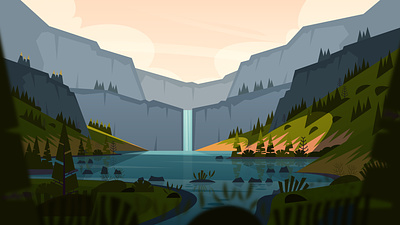 Waterfall adventure camp camping forest hiking illustration lake landscape mountain nature river tree trees waterfall