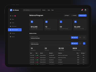 NFT whitelist marketplace | Referral program cards dark design menu navigation platform profile referral saas settings statistic stats table ui ux web