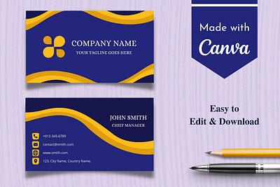 Blue & Yellow Business Card Template | Canva Template abstract attractive blue branding business card canva design graphic design illustration logo minimal modern template ui yellow
