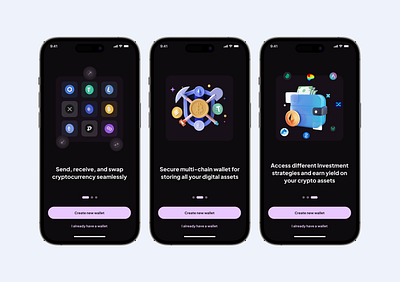 Onboarding screens for DEX - Dark theme app design mobile ui ux web3