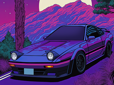 The Purple Driveway at Midnight: RetroWave Fantasy 90sanime automotive art car art car artwork car illustration design digital art illustration japanese cars jdm cars
