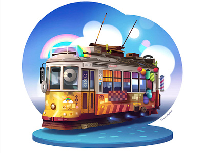 Tram adventure collection colorful cool deco discovery enjoy fun gradient illustration lifestyle rainbow rusty tramway travel vanlife world