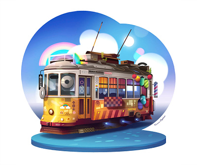 Tram adventure collection colorful cool deco discovery enjoy fun gradient illustration lifestyle rainbow rusty tramway travel vanlife world