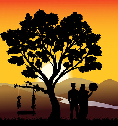 Lovers at sunset on beautiful landscape. Happy Lovers. couple graphic design honeymoon illustration lover relationship sunset