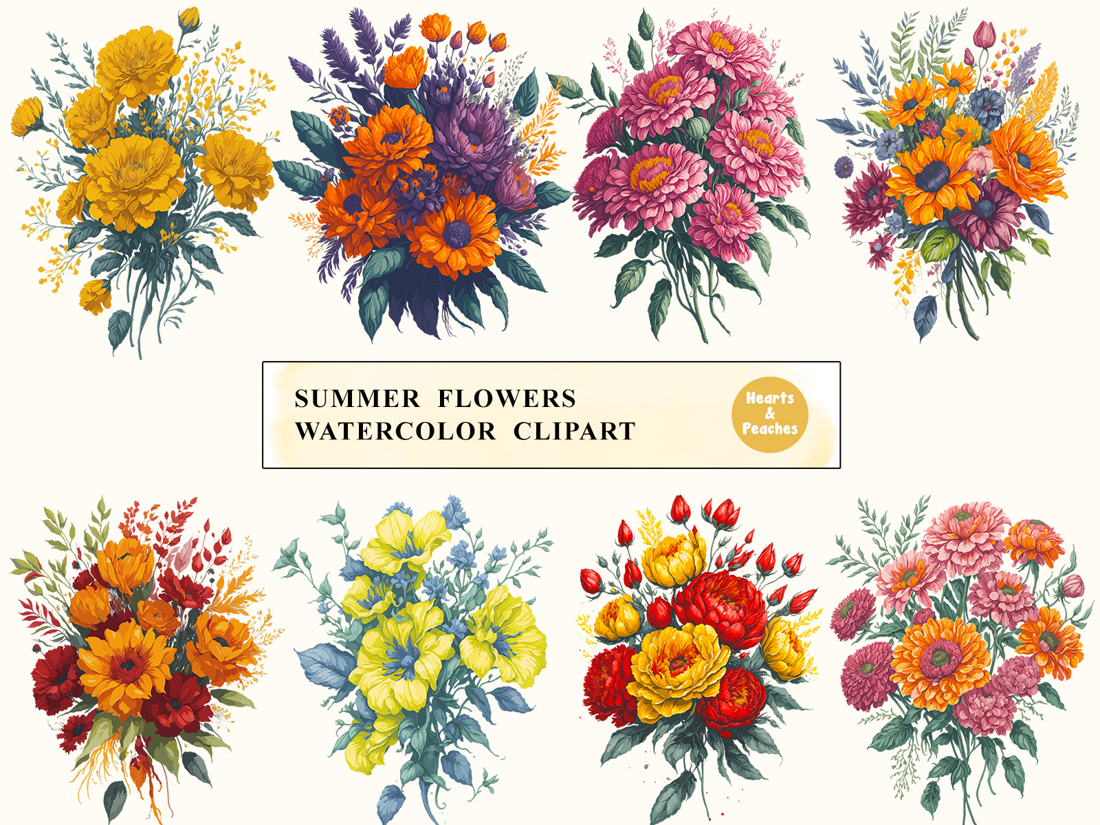 Summer Flowers Watercolor Clipart Bundle by Hearts and Peaches on Dribbble