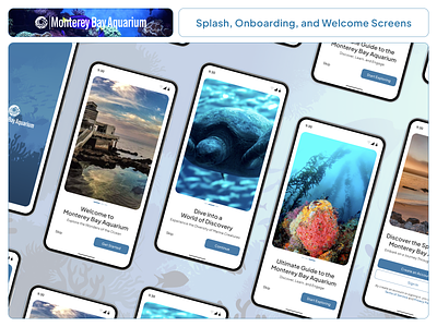 Monterey Bay App: Splash, Onboarding, and Welcome Screens app design aquarium conservation deep sea education interactive marine life mobile app nature ocean conservation ocean exploration onboarding splash screen ui ui design underwater adventure user experience user interface virtual tours welcome screen