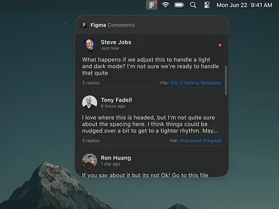 Figma Comments - Concept Widget (MacOS) clean communication dark design desktop dock figma ios iphone macbook macos menu menu bar message ui ux web widget