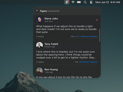 Figma Comments - Concept Widget (MacOS) clean communication dark design desktop dock figma ios iphone macbook macos menu menu bar message ui ux web widget