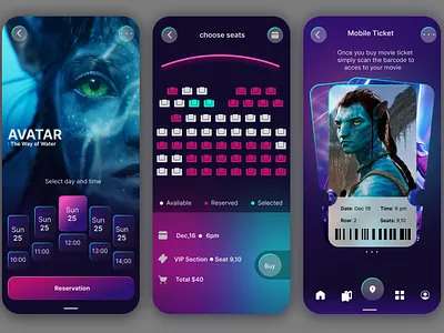 movie seat booking app ui 3d android app ui animation app avtar blue branding design figma illu illustration logo motion graphics movie pink scaner seat bookin app ui ux vector