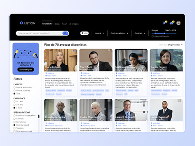JUSTINCIN - Search results page attorneys branding card cards design droit freelance job job search justice law lawayers page de résultat platform profile profile card search search results ui webdesign