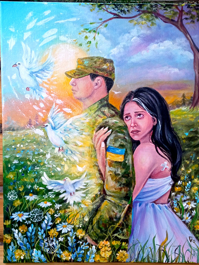 War in Ukraine, Soldier and his Woman, Love and Death, original art hand painted handmade nature paint painting soldier ukraine war woman