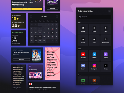 Widgets for the new Profile page builder customization gaming product design profile page tiles tools ui ux web design widgets
