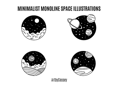 Minimalist Monoline Space Illustrations art black and white design illustration minimal minimalist minimalistic monoline outer space planets space sticker vector
