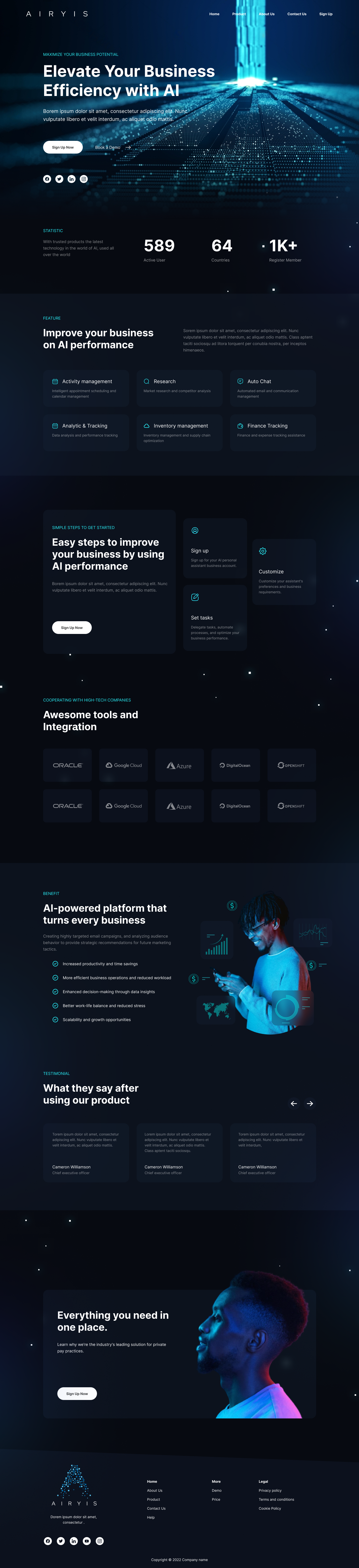 Landing Page: Managemen Business with AI performance ai blue business dark dark theme landing page management technology ui web3