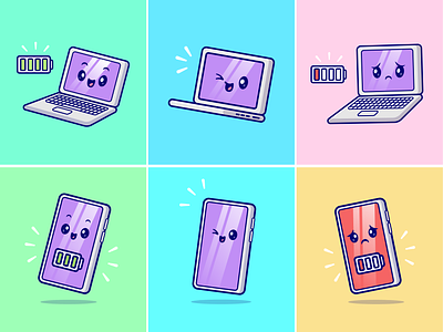 Cute Laptop and Phone💻📱 battery charging cute emoticon emotions expressions face gadget gaming icon illustration iphone laptop logo low battery mood phone smartphone technology