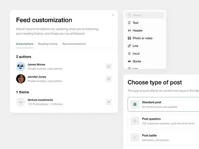 Blog platform | Interfaces blog design dropdown feed interface platform post preferences settings ui ux web white