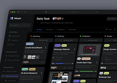Mitask - Task Management Dashboard analythics card clean design dark ui dashboard dashboard design interface notion productivity project management saas saas dashboard sidebar stats task management task manager ui design ui ux design user dashboard work list
