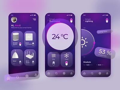 Smart Home Mobile App concept glassmorphism mobile app morphism smart home temperature ui ux violett widget