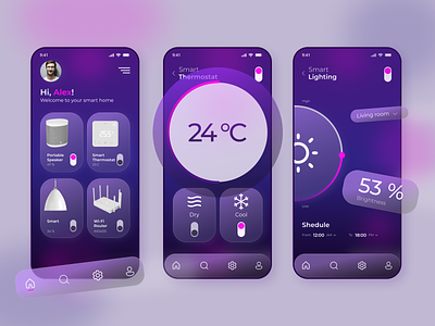 Smart Home Mobile App concept glassmorphism mobile app morphism smart home temperature ui ux violett widget