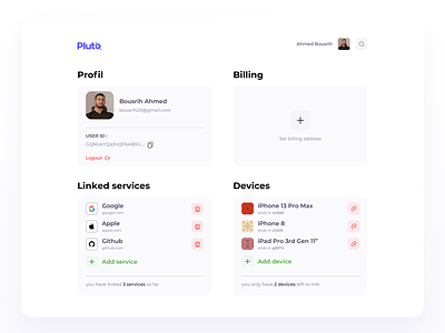 Pluto Repo - Profil Page (Cards style) billing branding card clean design devices ios light linked minimalistic pluto profil repo services ui ux web white